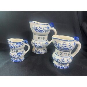 Vintage Blue Onion Arnart Ceramic Liquid Measuring Cups Set Floral Euro Kitchen